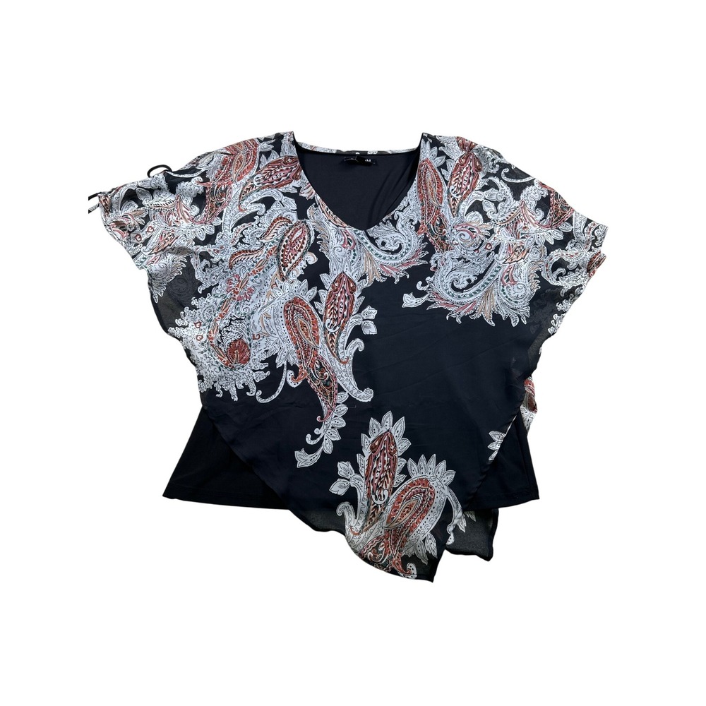 Roz & Ali Womens Blouse Top L Black Paisley Print Tie Sleeve V Neck